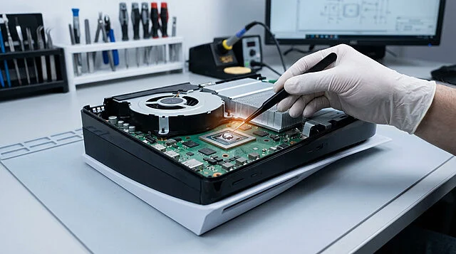 ps5 slim apu repair with liquid metal Réparation électronique console de jeu, main avec pince.