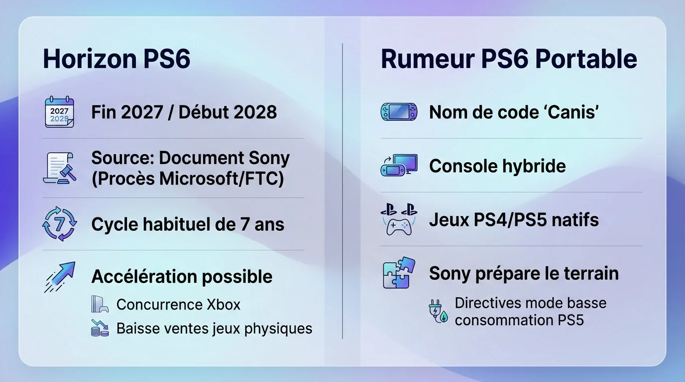 Concept art futuriste illustrant les rumeurs d'une PlayStation 6 portable aux côtés de la console de salon
