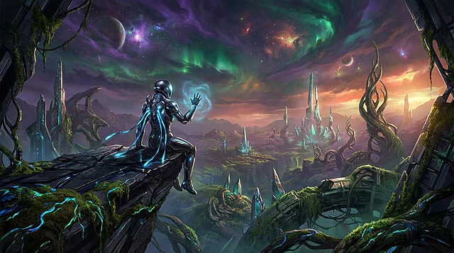 psychic sentinel on a grand alien vista Personnage cybernétique explorant un paysage alien fantastique.