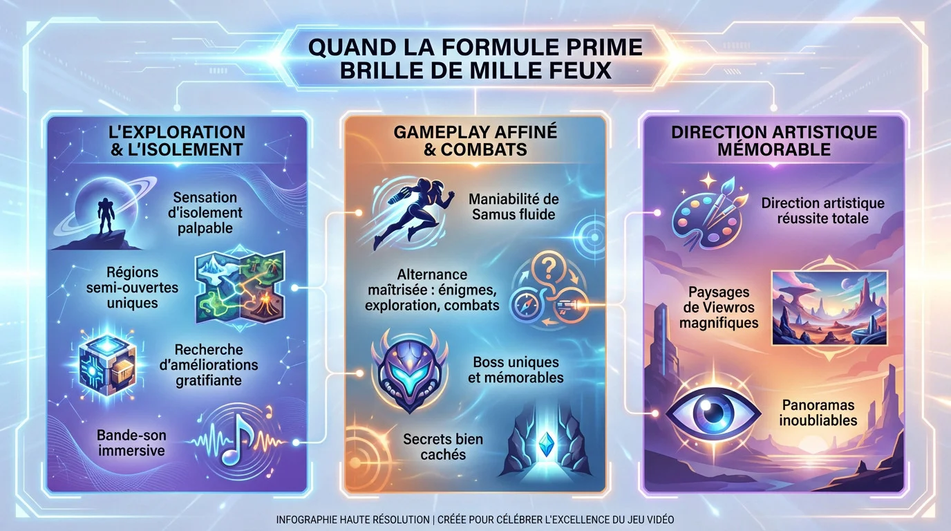 Samus Aran explorant un environnement vaste et détaillé sur la planète Viewros dans Metroid Prime 4