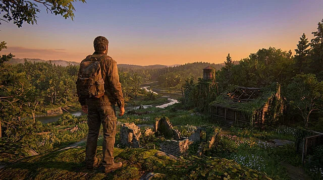 reclaimed wilds golden hour discovery Homme debout devant paysage sauvage au crépuscule.