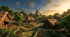 Village médiéval avec moulin sous le coucher de soleil.