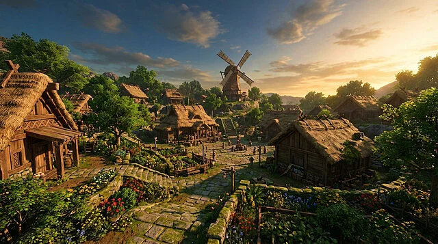 reimagined kakariko village at golden hour Village médiéval avec moulin sous le coucher de soleil.