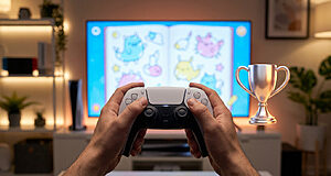 Joueur avec manette devant écran de télévision.