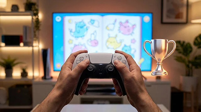 relaxed gaming digital coloring and easy trophy Joueur avec manette devant écran de télévision.