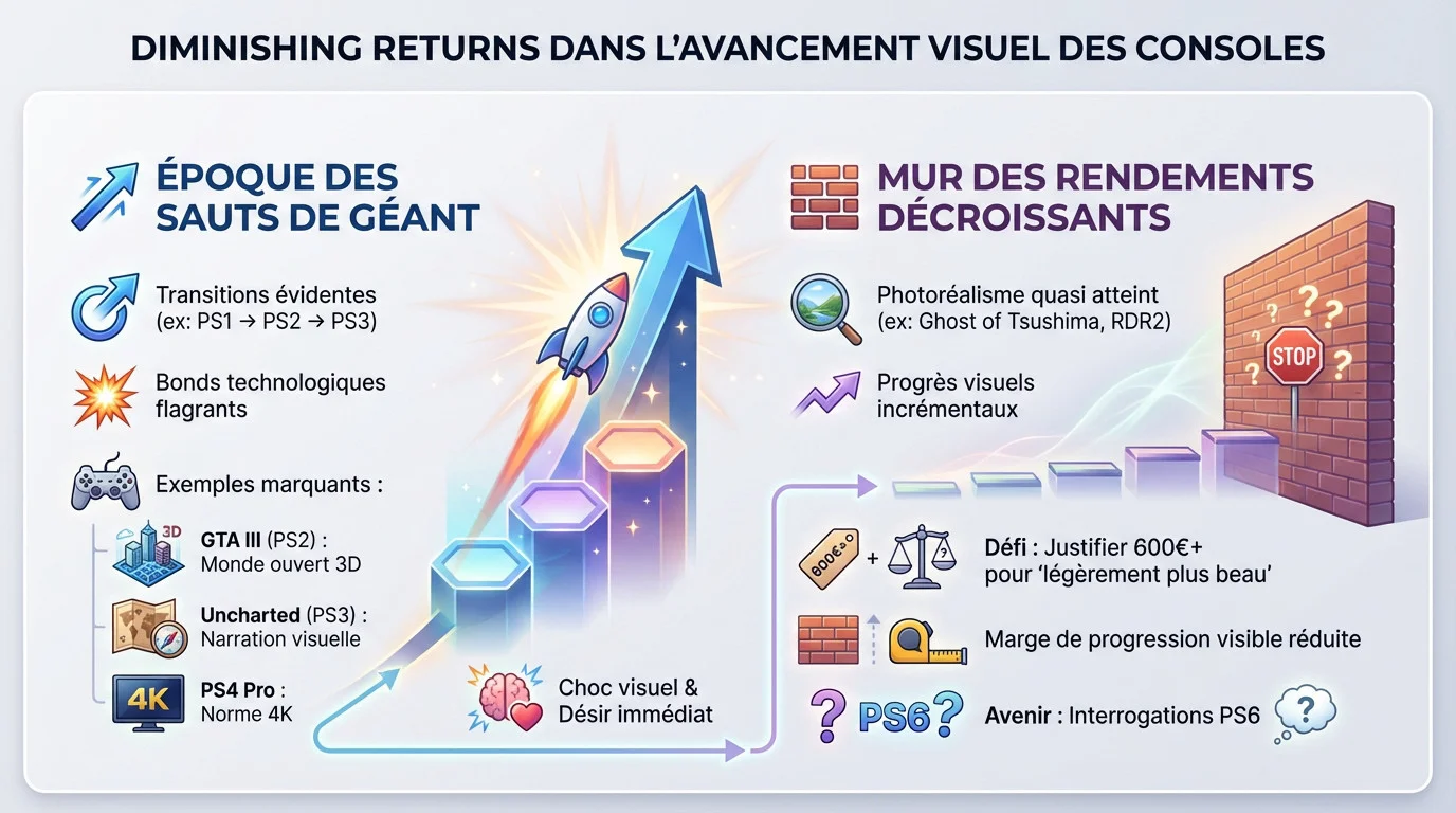 Graphique illustrant le phénomène des rendements décroissants dans l'évolution graphique des consoles PlayStation