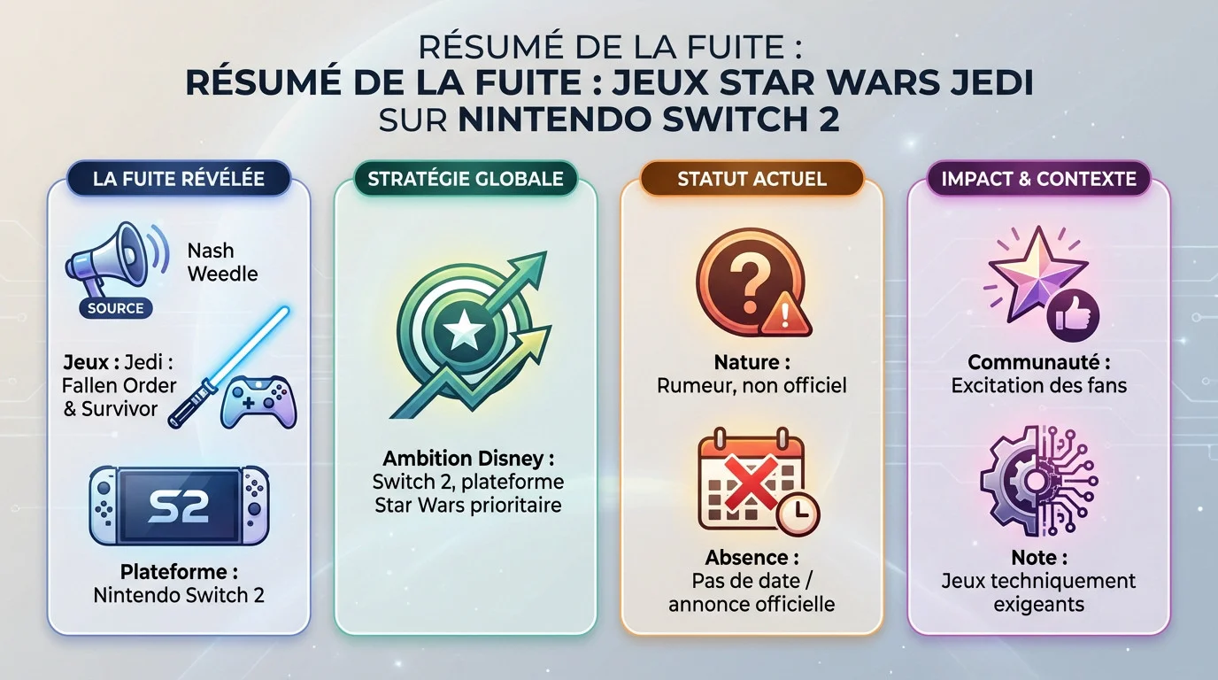 Résumé visuel de la fuite concernant l'arrivée des jeux Star Wars Jedi sur la Nintendo Switch 2