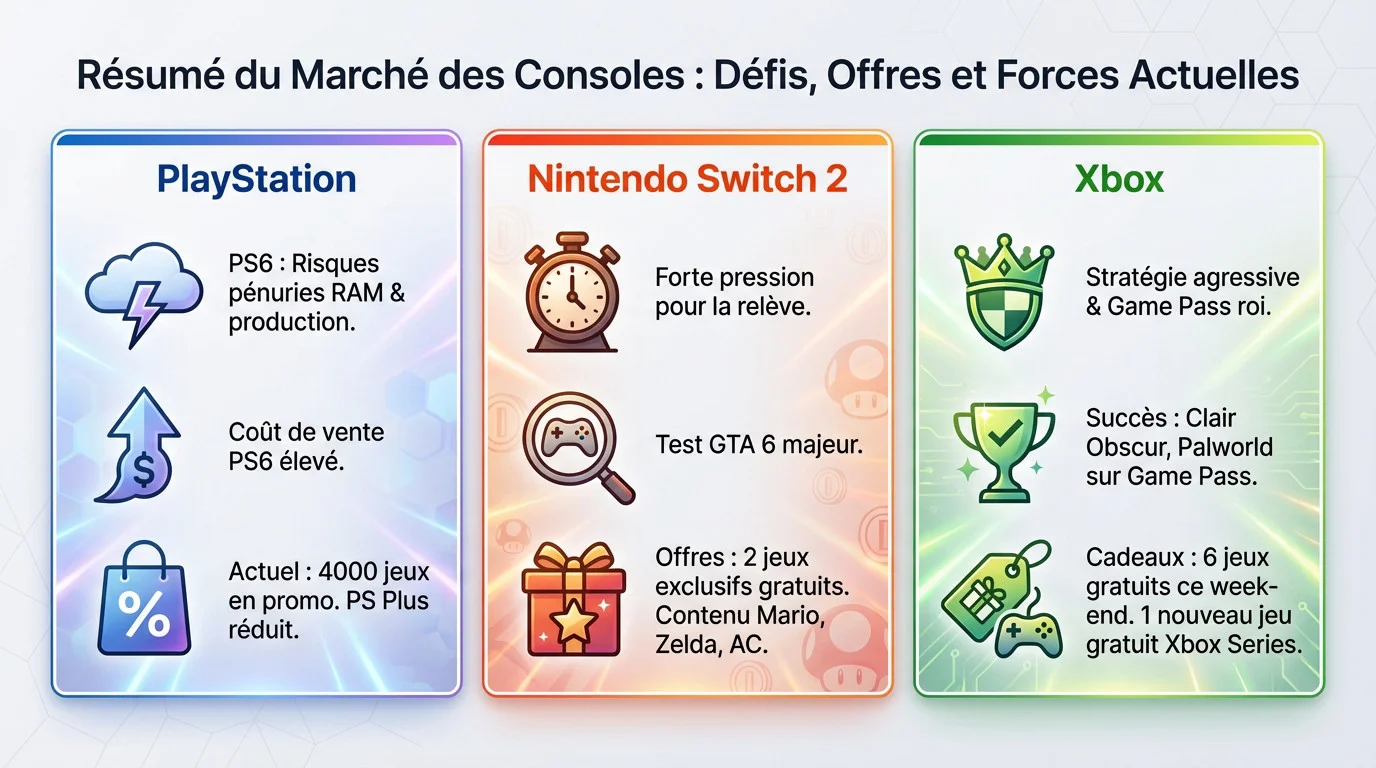 Résumé du marché des consoles de jeux vidéo : défis de production pour la PS6, attentes autour de la Switch 2 et offres agressives de Xbox