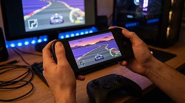 retro racing on a modern gaming handheld Personne jouant à un jeu de course sur console portable.