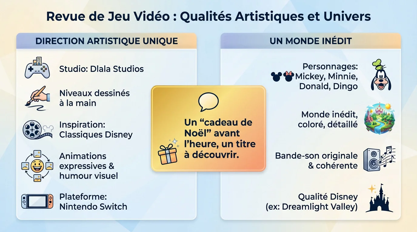 Mickey, Minnie, Donald et Dingo dans les décors colorés de Disney Illusion Island