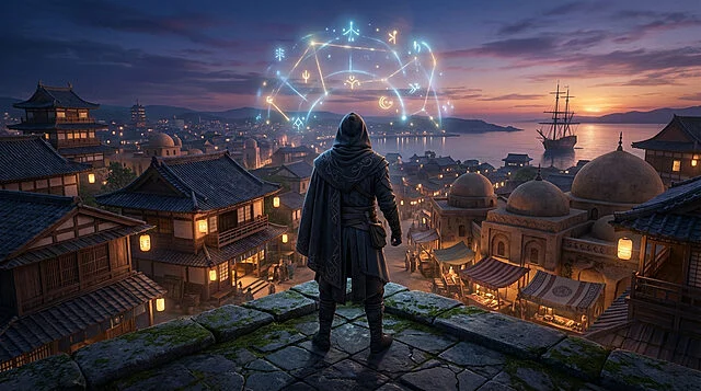 rooftop vision tech meets tradition at twilight Guerrier contemplant une ville antique au crépuscule