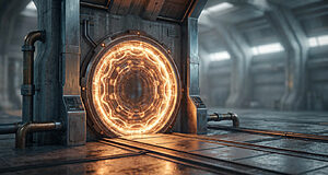 Porte futuriste illuminée dans un hangar industriel.