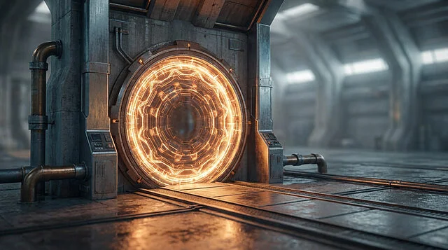 sci fi discovery portal Porte futuriste illuminée dans un hangar industriel.