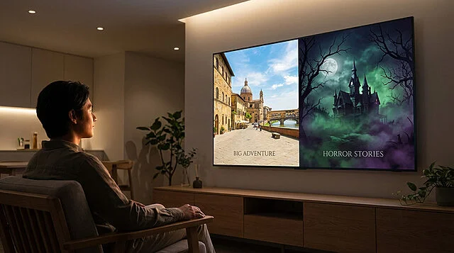 screen glow adventure or horror Personne regardant deux films différents à la maison.