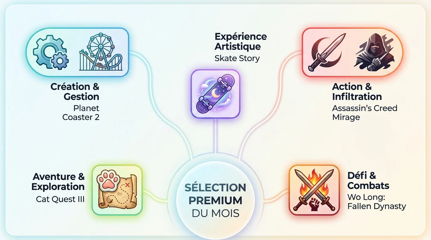 Infographie présentant la sélection variée des jeux PlayStation Plus Extra et Premium de décembre 2025