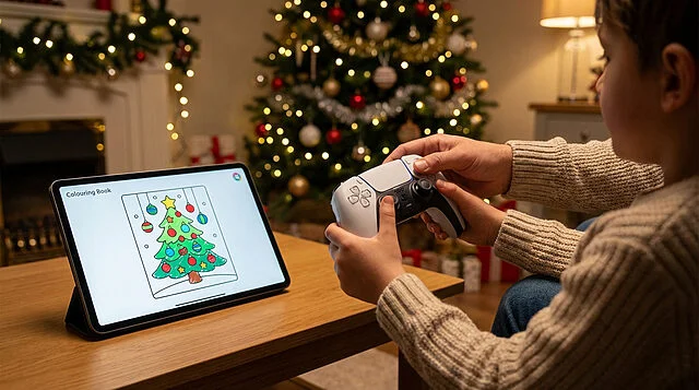 shared holiday joy digital coloring Enfant jouant devant un sapin de Noël.