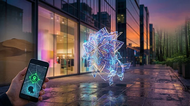 Smartphone et géolocalisation sur rue avec sculpture holographique.