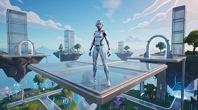 sleek digital warrior in floating island arena Personnage futuriste sur plateforme dans un paysage virtuel.