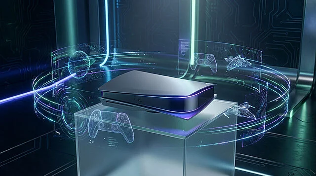 sleek future next gen gaming console concept Console de jeu futuriste avec hologrammes.