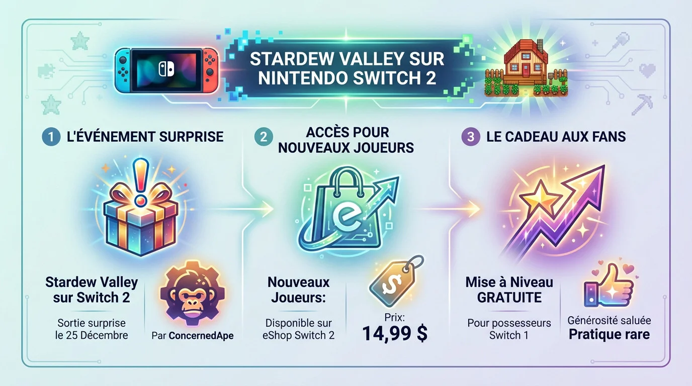 Infographie détaillant la sortie surprise de Stardew Valley sur Switch 2 et ses nouveautés