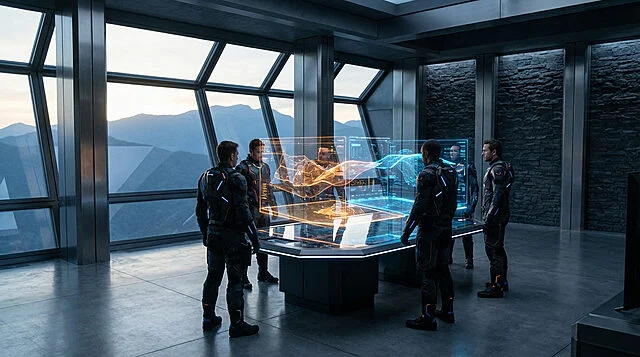 strategic dawn briefing Équipe examine hologramme futuriste dans salle de conférence.