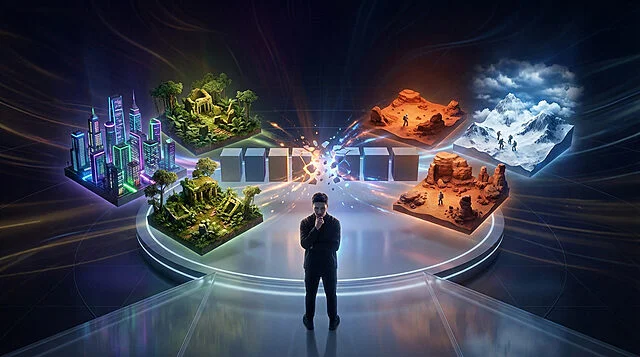 Personne réfléchissant à des mondes virtuels futuristes colorés.