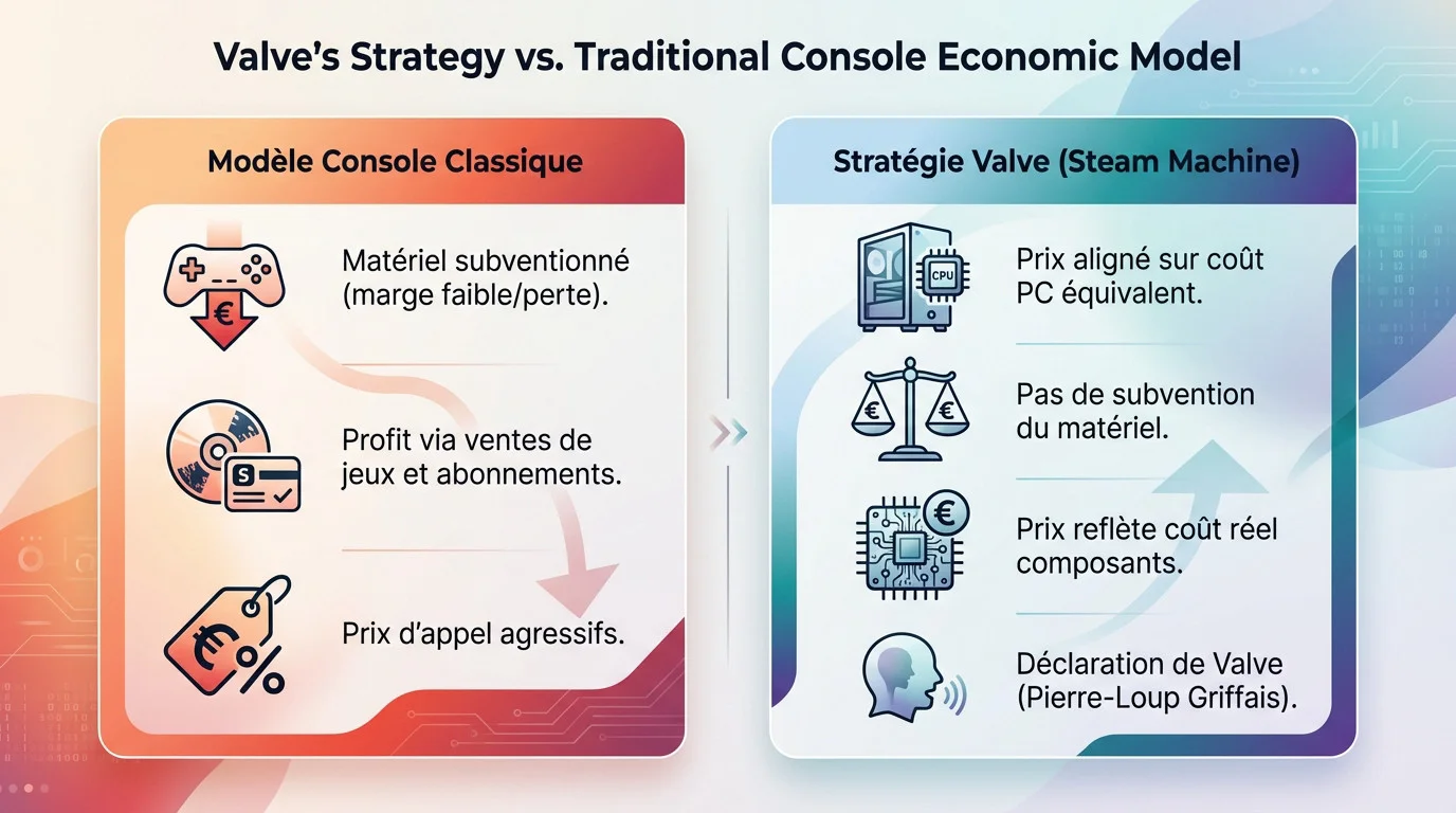 Comparaison entre le modèle économique subventionné des consoles et la stratégie prix coûtant de Valve