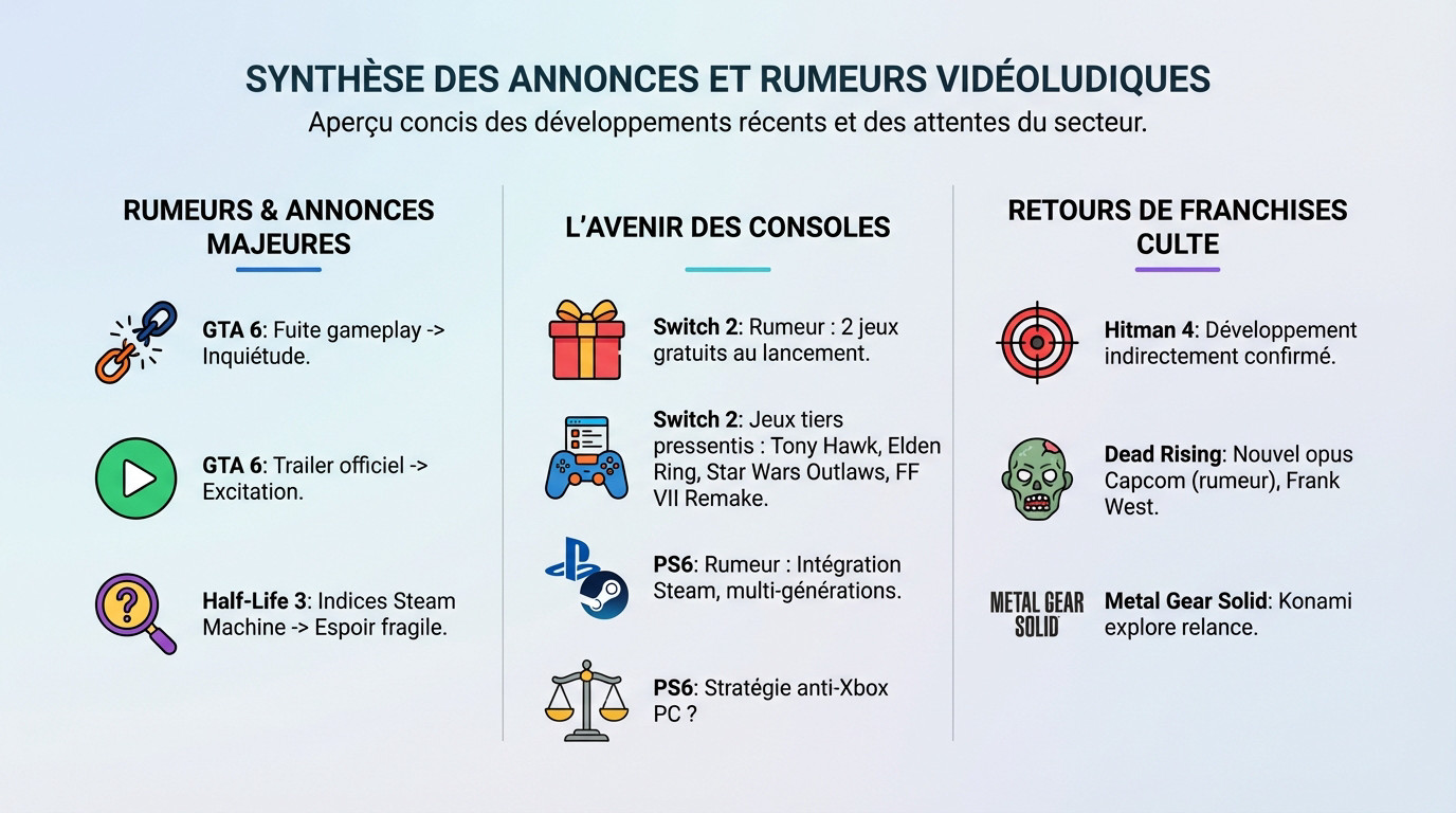 Synthèse visuelle des rumeurs majeures du jeu vidéo incluant GTA 6 et la Switch 2