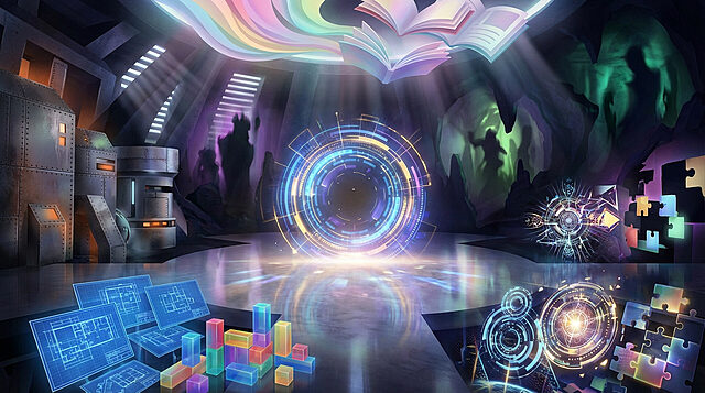 the gaming nexus a portal to diverse worlds Salle futuriste avec hologrammes et technologie avancée.