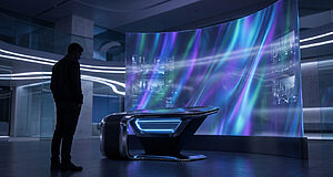 Homme regardant écran holographique futuriste au bureau