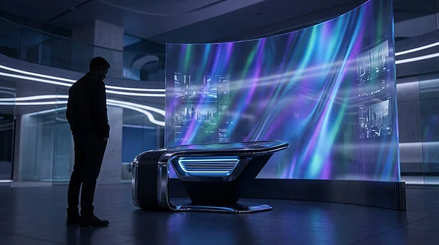 the wall of diminishing returns Homme regardant écran holographique futuriste au bureau