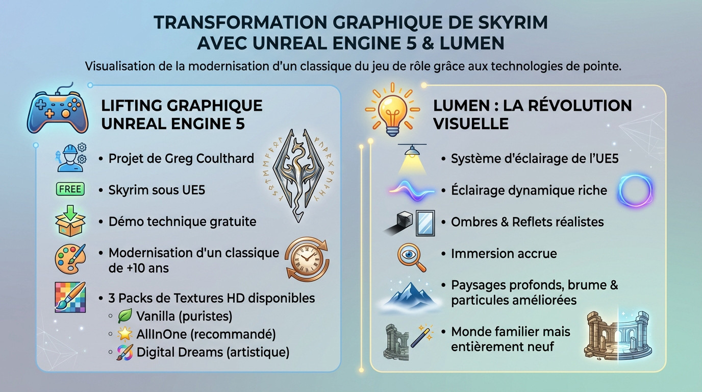 Rendu visuel impressionnant de Skyrim sous Unreal Engine 5 avec éclairage Lumen