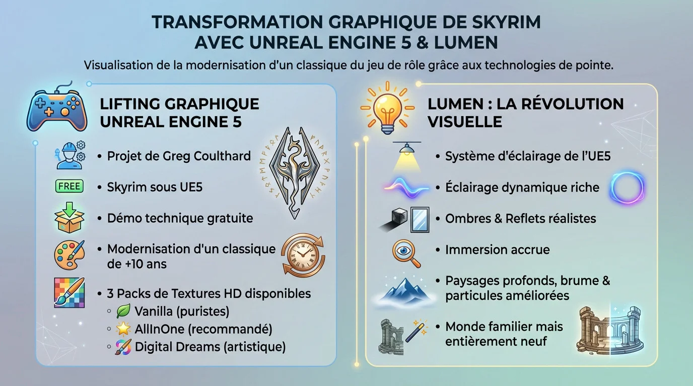 Rendu visuel impressionnant de Skyrim sous Unreal Engine 5 avec éclairage Lumen