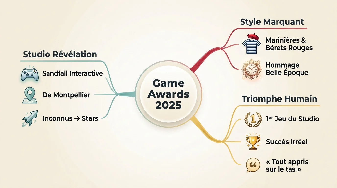 L'équipe de Sandfall Interactive célébrant leur victoire historique aux Game Awards 2025 avec leurs bérets rouges