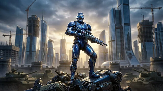 triumphant disruptor future soldiers emergence Soldat futuriste en armure, ville en arrière-plan