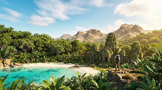 Aventure tropicale près d'un temple ancien
