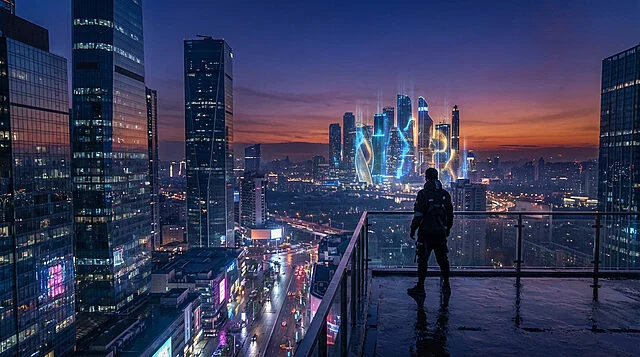 twilight citys digital reveal Homme observant la ville futuriste au coucher du soleil.