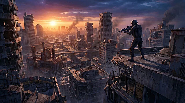 Soldat armé sur toit à l'aube, ville dévastée.