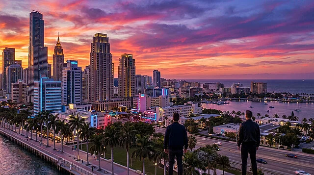 Coucher de soleil sur skyline urbain et palmier