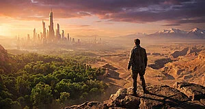 Personne regarde ville futuriste au coucher du soleil.