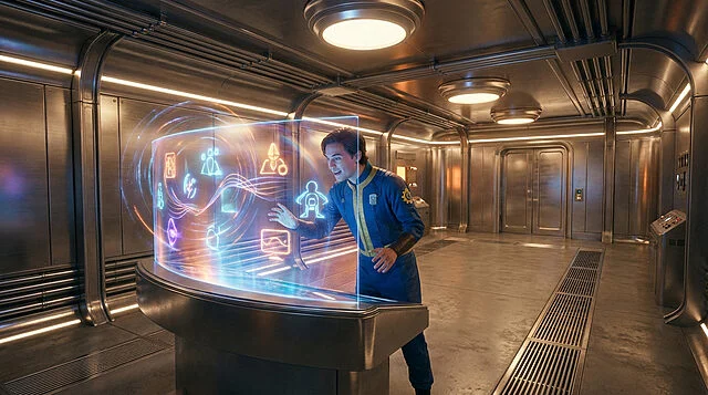 vault dweller discovers new holographic content Homme interagissant avec écran holographique en laboratoire futuriste.