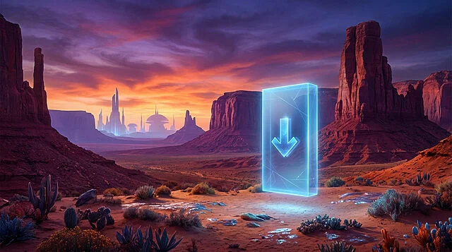 vibrant alien desert futuristic discount awaits Paysage désertique avec portail futuriste lumineux