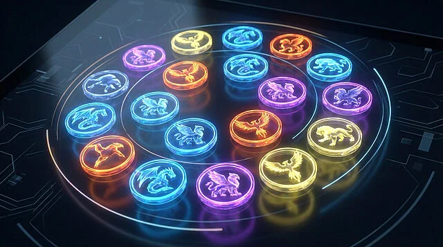 vibrant creature icons high tech gaming display Icônes lumineuses de créatures mythologiques sur écran.