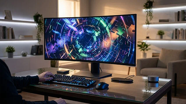 vibrant gaming immersion Écran large avec écran coloré dans un bureau moderne.