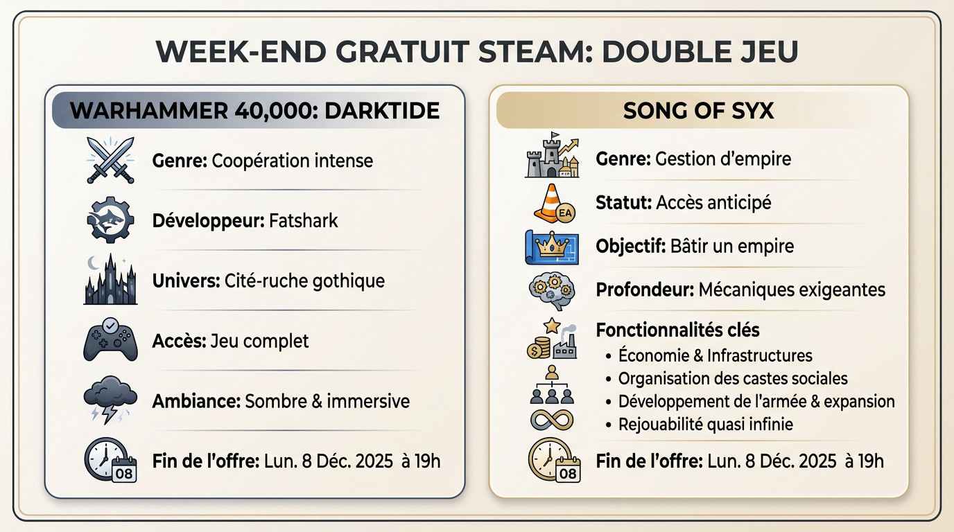 Affiche promotionnelle Steam Free Weekend présentant Warhammer 40,000: Darktide et Song of Syx côte à côte
