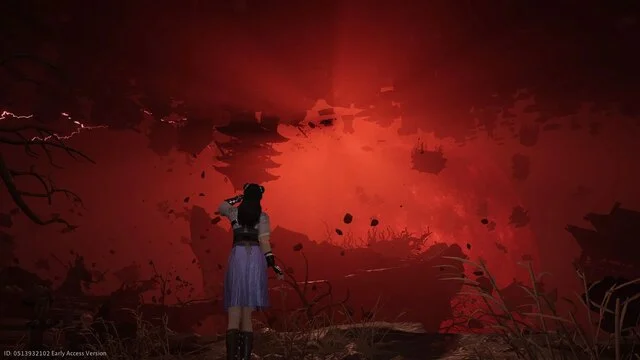 where winds meet : secte hollow vale, 7 secrets à Femme observant un ciel rouge apocalyptique.