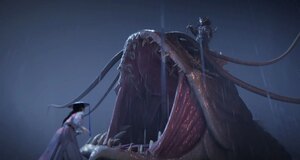 Personnage affrontant un monstre gigantesque sous la pluie.