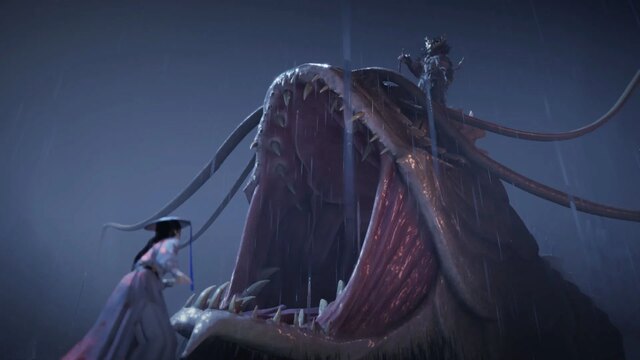 where winds meet : voici comment finir la quête heavenfall Personnage affrontant un monstre gigantesque sous la pluie.