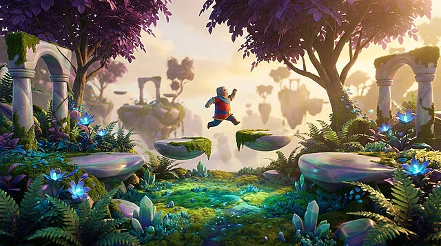 whimsical leap on vibrant floating islands Personnage sautant dans un monde fantastique et coloré.