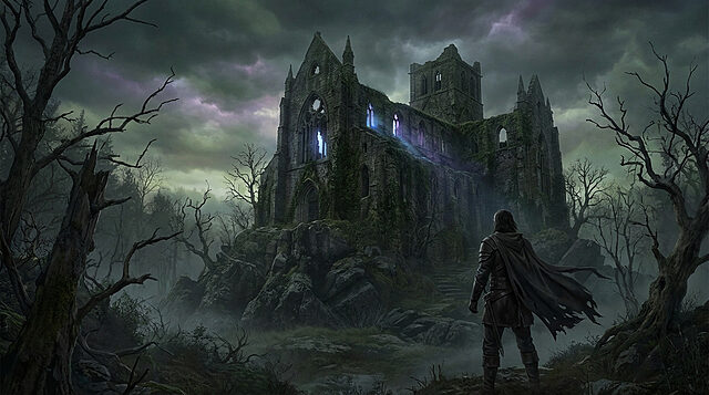 whispers of the ruined priory Personne mystérieuse devant un château en ruines, nuit.
